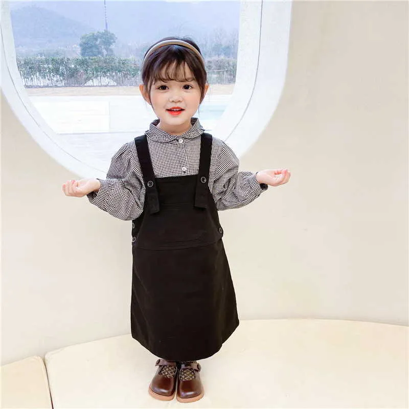 Commercio all'ingrosso primavera stile coreano neonata 2-pcs set plaid maniche lunghe camicie + tuta vestito abbigliamento bambini E9035 210610