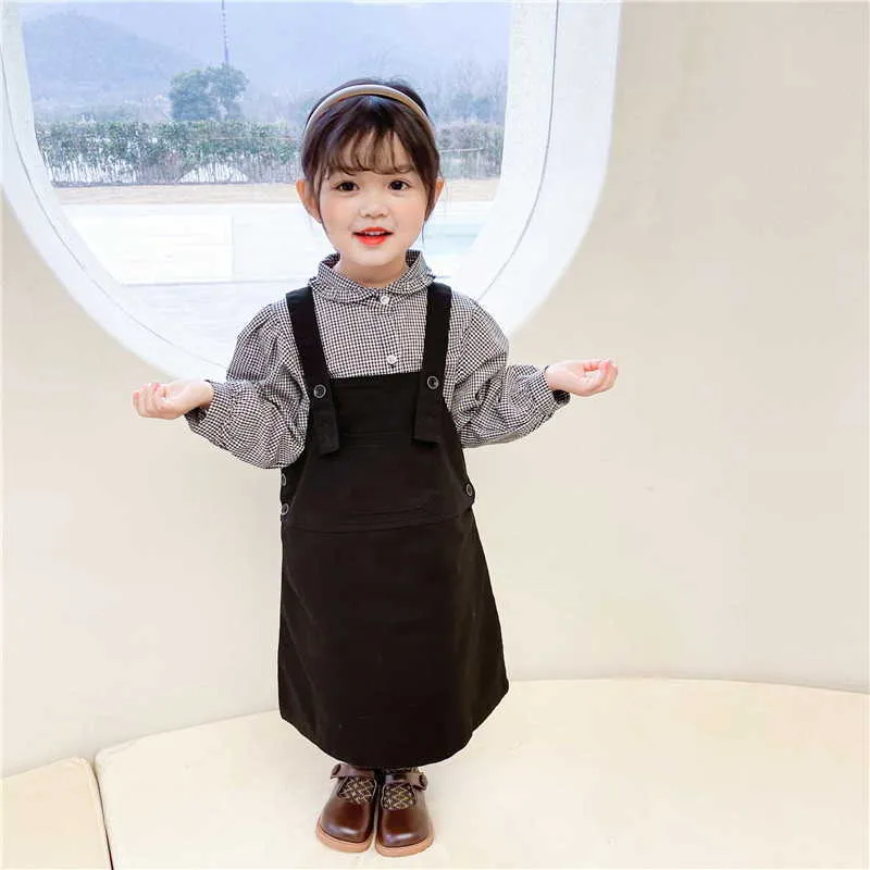 Hurtownie Wiosna Koreański Styl Baby Girl 2-PCS Zestawy Plaid Długie Rękawy Koszule + Kombinezon Sukienka Dzieci Ubrania E9035 210610