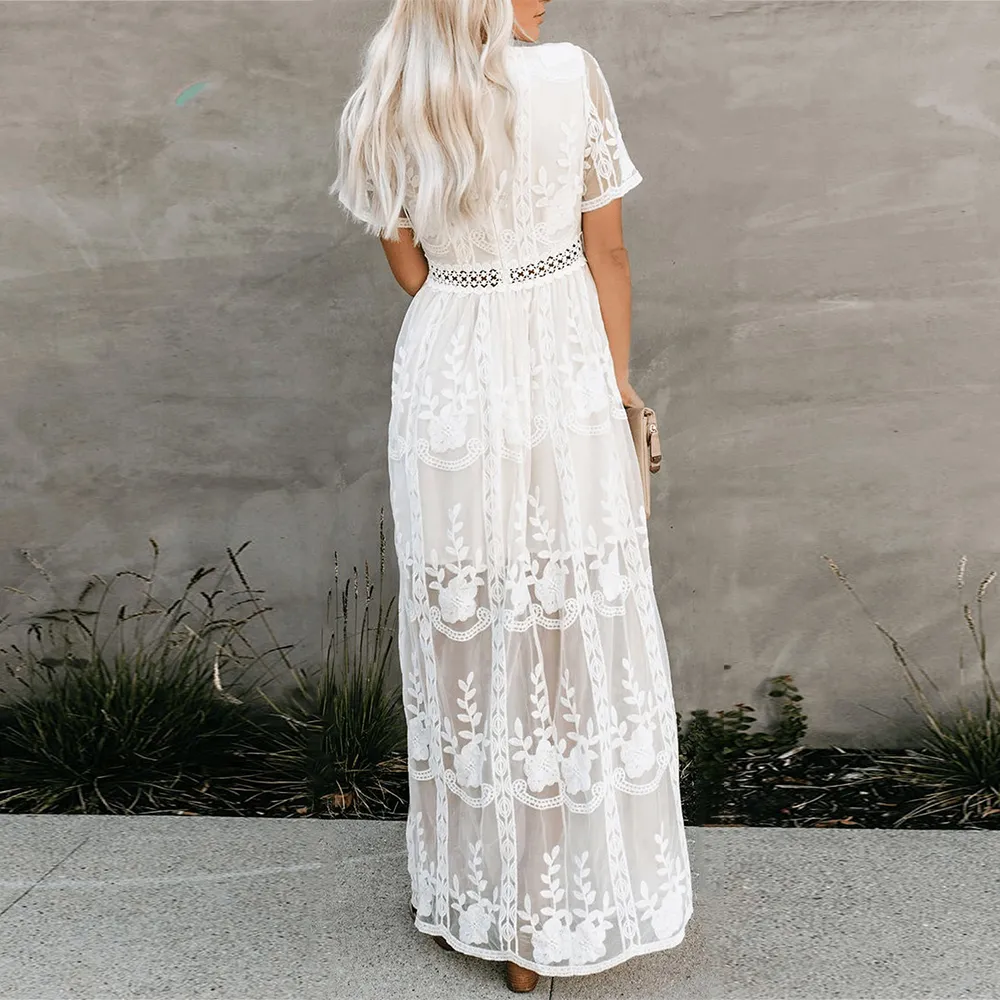 Jastie Summer Boho Women Maxi Dress Loose Embroidery White Lace long Tunic Beach Dress Vacation Holiday Women Clothing 210306