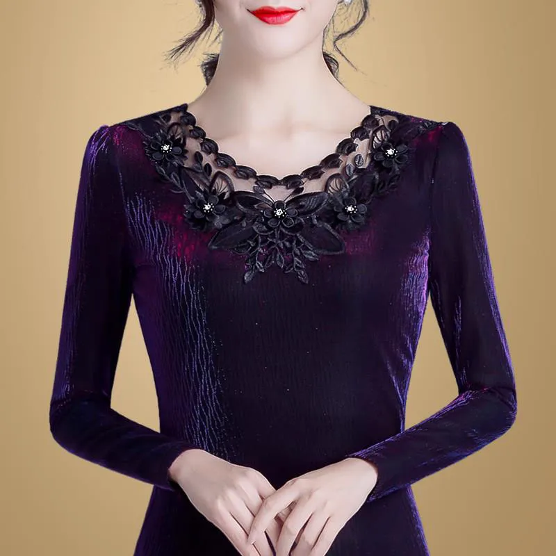 Spring Autumn Style Women Lace Bluses Shirts Lady Casual Long Sleeve O-Neck Purple Lace Blusa Tops 210226