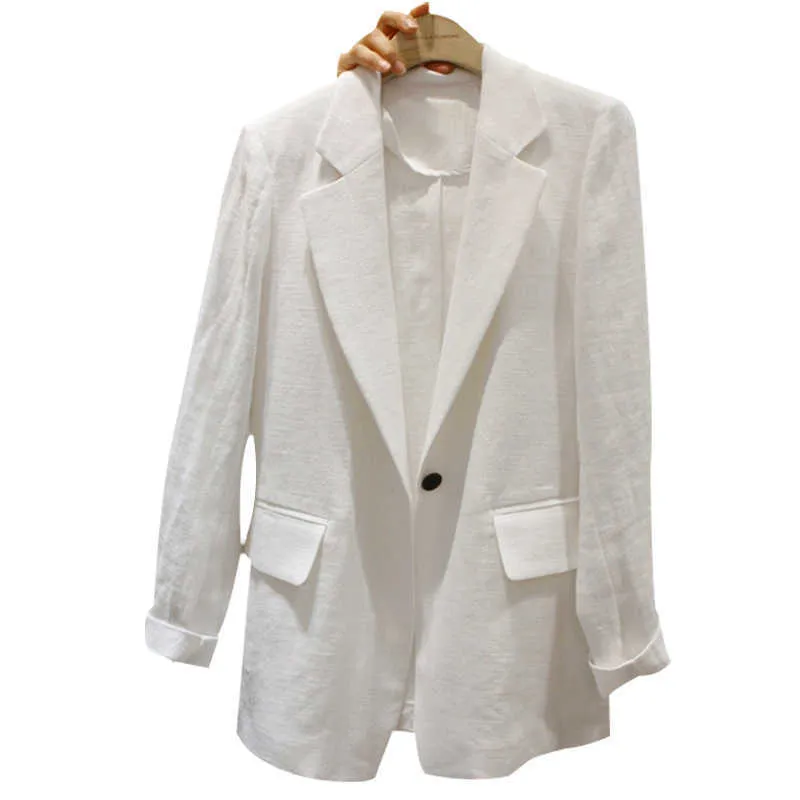 Kvinnor Vit Linne Blazers Coat Jacket kostym Lös lång sommar Kvinna Solid One Button Covered Fickor Office Ladies 210930