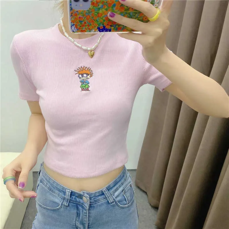 Maglieria da donna manica corta crop tee top donna oneck maglietta estiva modello cartoon ricamo anni '90 estetica e ragazza 210623