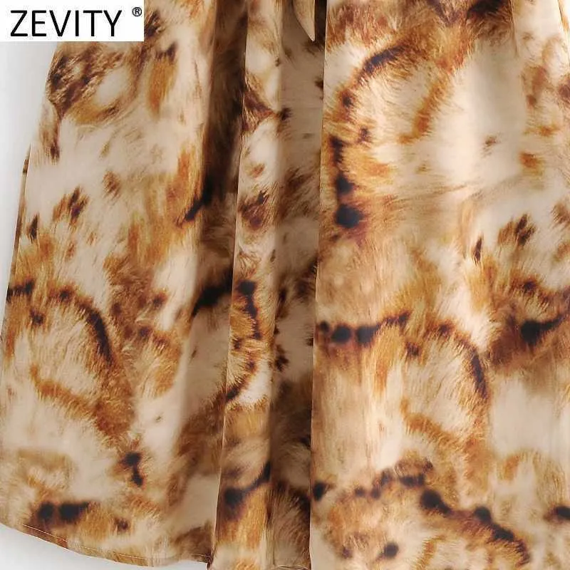 Zevity Femmes Vintage Presse Col En V Animal Tie Dye Impression Casual Mince Midi Robe Femme Chic Arc Ceintures Split Robe DS4754 210603