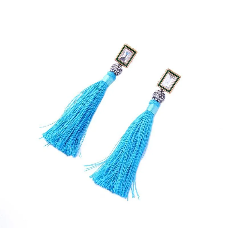 Dangle Kroonluchter Bulk Prijs Handgemaakte Blauwe Lange Tassel Line Katoenen Oorbellen Unieke Glazen Kristallen Druppel Voor Vrouwen Sieraden