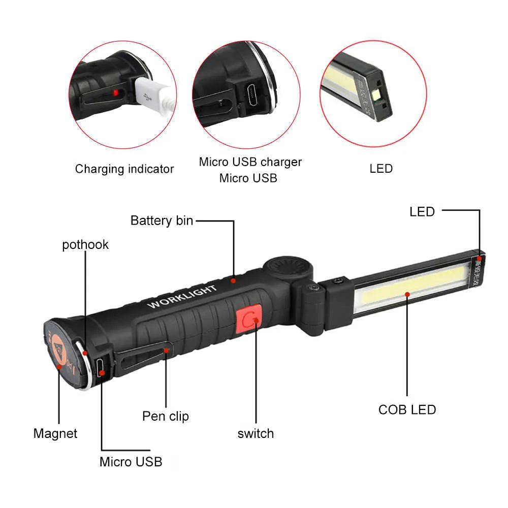 COB + LED Przenośna latarka Latarka USB Lekki Lekki Magnetyczny Akumulator Wiszący Hak Zewnątrz Auto Naprawa Samochodów Lampa awaryjna