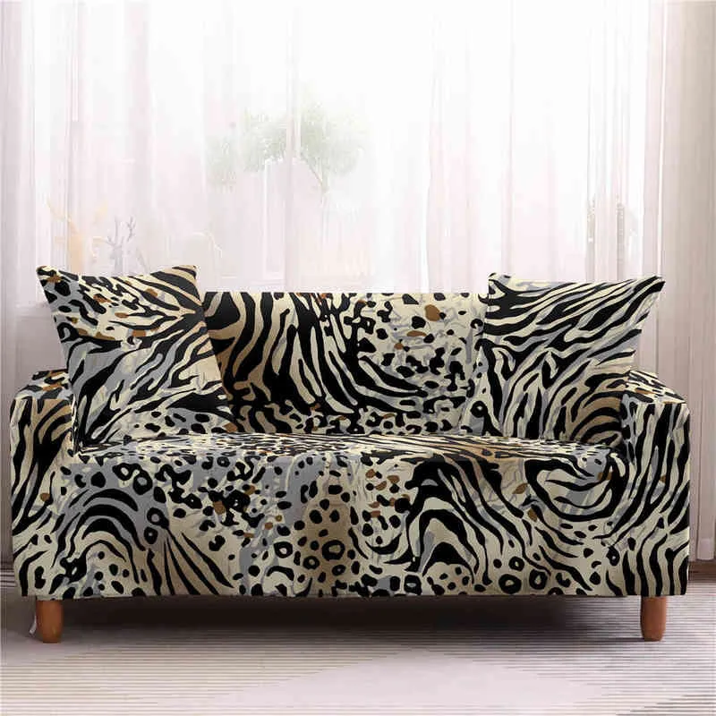 Leopard Print Stretch Sofa Slipcovers Elastic Wrap All-Inclusive Couch Cover for Living Room 1/2/3/4 Seater L Shape 211207