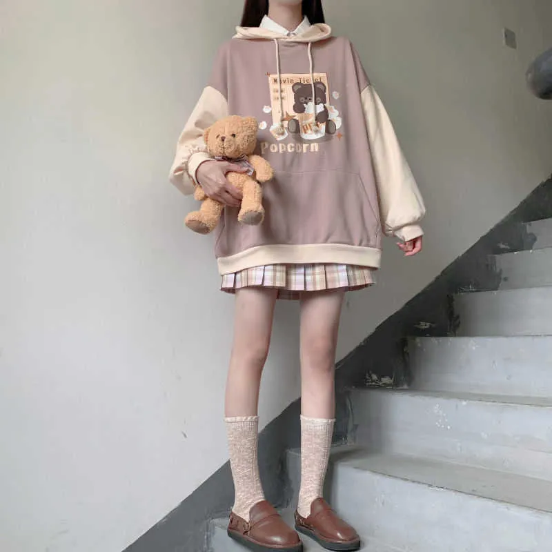 Japońskie bluzy jesieni i zima dla nastolatków student Kawaii Lolita Hoodie Kolor Dopasowanie luźny gotycki trend z kapturem 210813