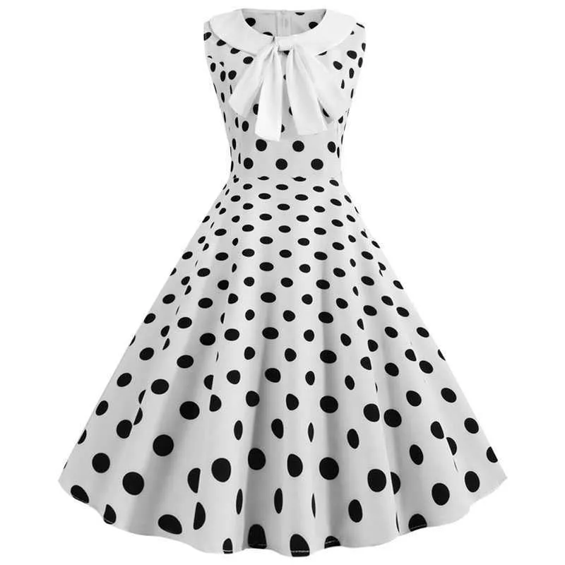 Plus Size Polka Dot Vintage Dress Donna Summer Pink Rockabilly Office Party Dress Casual Peter Pan Collar Bow Sundress Vestidos 210630