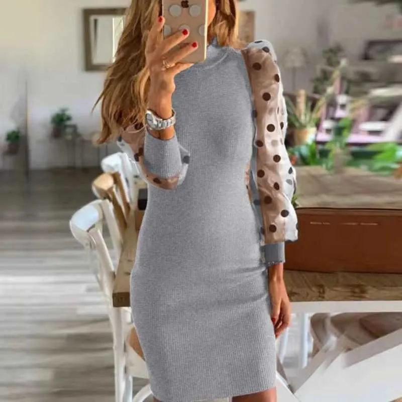 جديد 2021 المرأة متماسكة ins bodycon سترة اللباس طويل النفخة كم طويل الطائر الفرنسية قلم رصاص فساتين للخريف حزب ulzzang Y1006