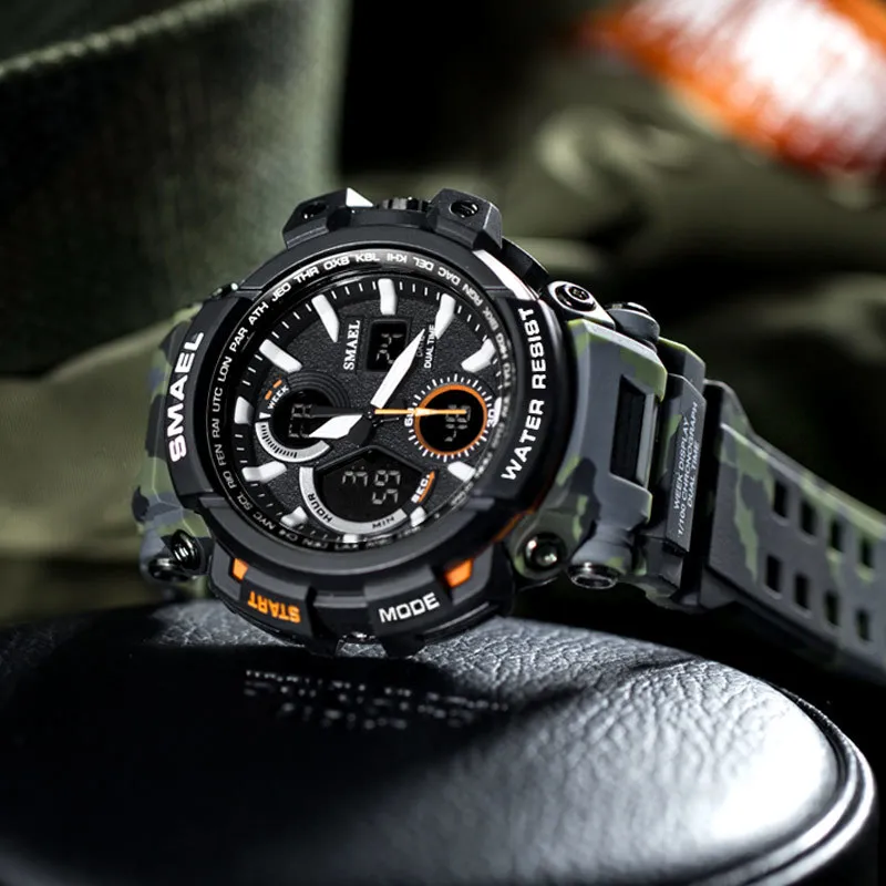 SMAEL Camouflage Militair Horloge Heren Waterdicht Dual Time Display Heren Sport Horloge Digitaal Analoog Quartz Horloges Man 1708 210333O