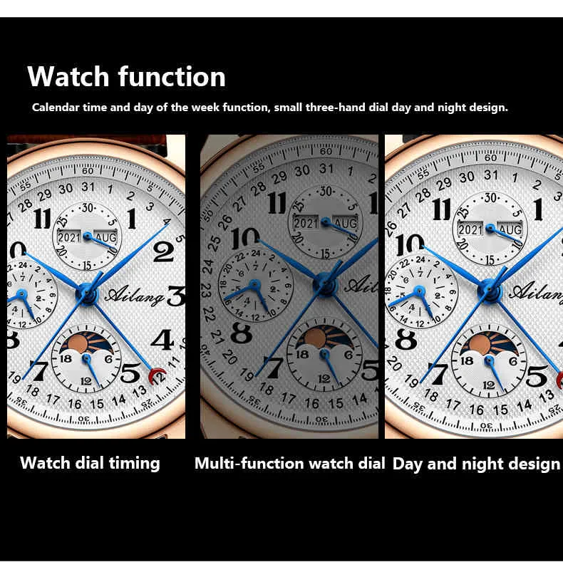 L'orologio da uomo impermeabile multifunzionale in stile business con fasi lunari meccaniche del marchio di lusso Ailang