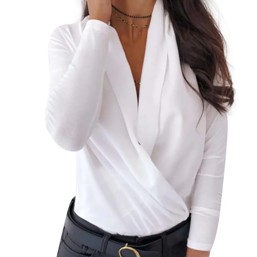 Cross V Neck Office Ladies Blouses Shirts Long Sleeve Autumn Winter Female White Blouse Sexy Party Baggy Shirts Women Blouse Top 21302