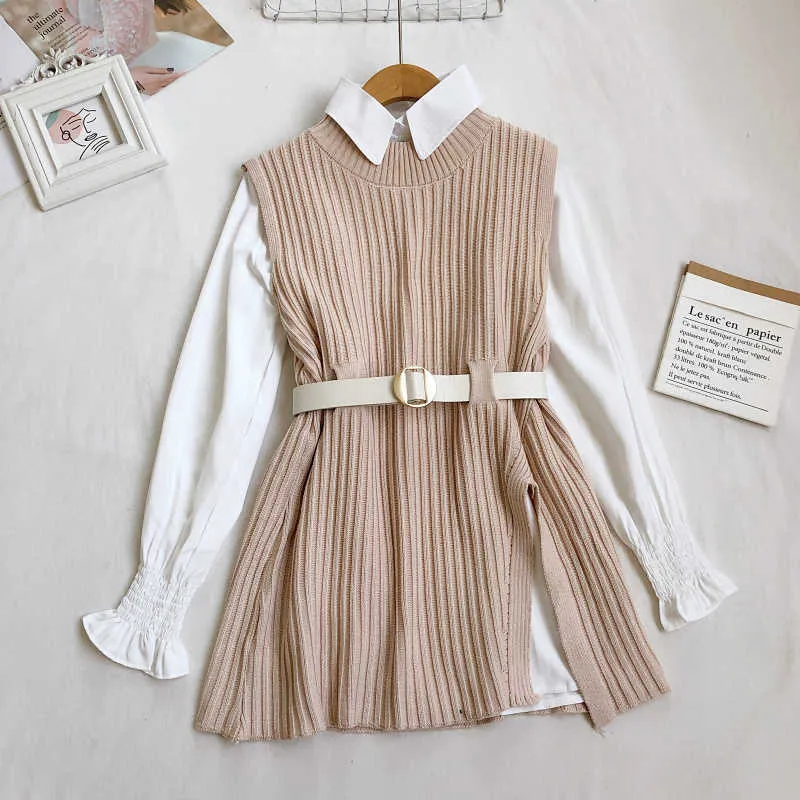 Woherb Korean Spring Autumn Women Knitted Sweater Vest + White Blouse Casual Belt Suit Two Pieces Set Office Lady Outfits 210917