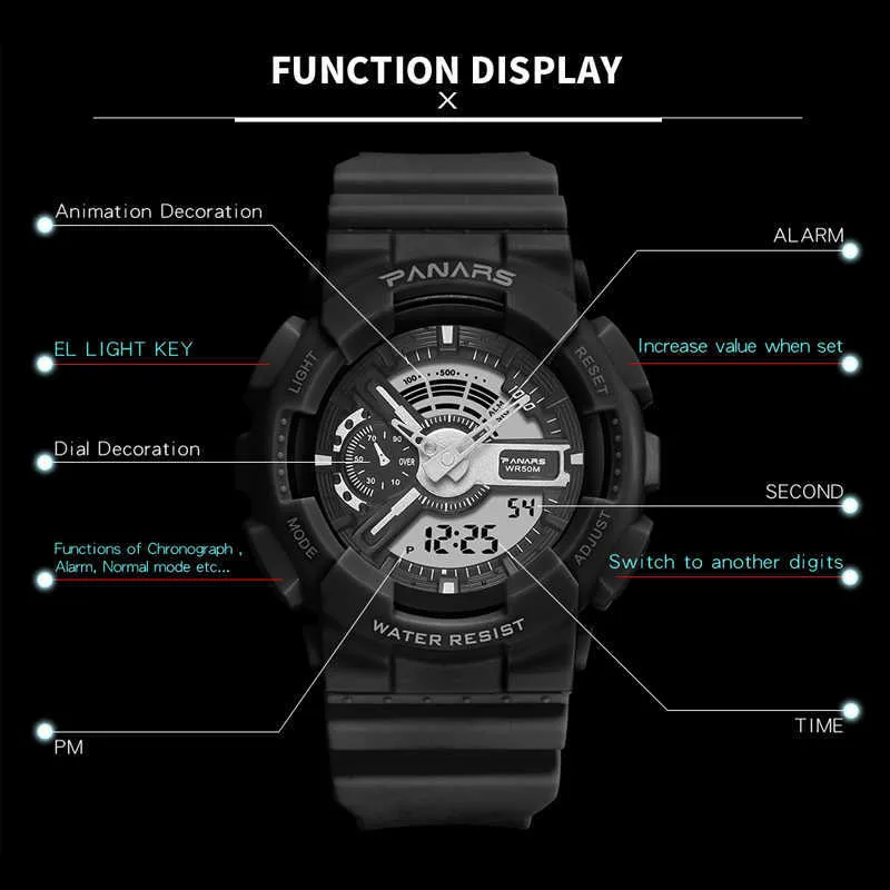 Panars Outdoor Sport White Digital Watch 남성 여성 알람 시계 5BAR 방수 충격 군용 LED 디스플레이 210728324P