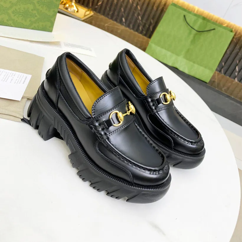 womens Casual shoes fashion black Soft cowhide women Trainers 100% leather Metal buckle Loafers Thick bottom shoe designer platform lady