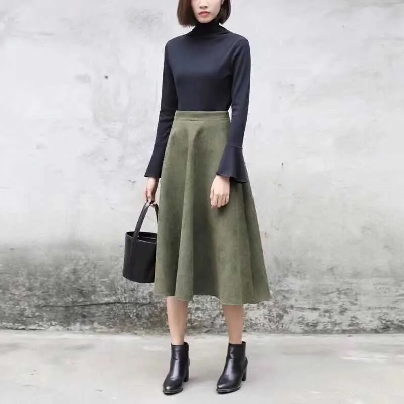 Neophil femmes daim taille haute jupe mi-longue été Vintage Style élastique dames une ligne noir vert Flare mode S29A4 210629
