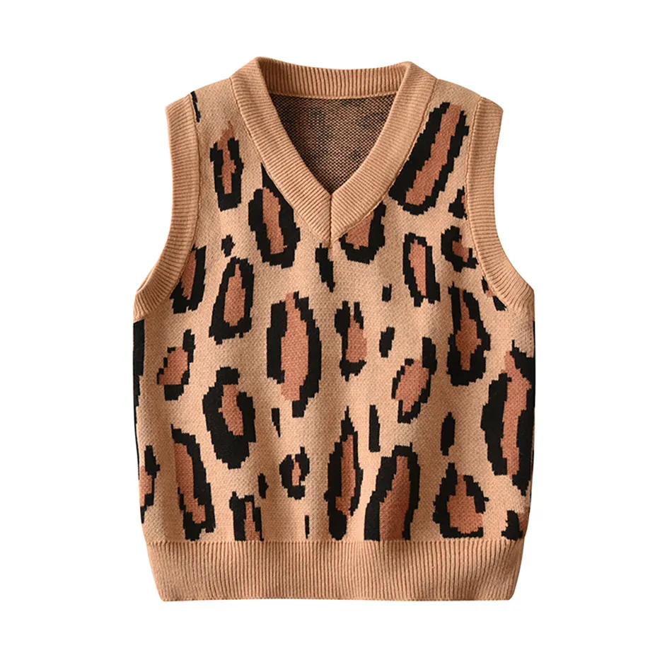Herbst Baby Jungen Mädchen Niedliche Pullover Weste Kinder Leopard Muster Druck Stricken Ärmellose Tops Kleinkind Casual Kostüm Bluse 210308