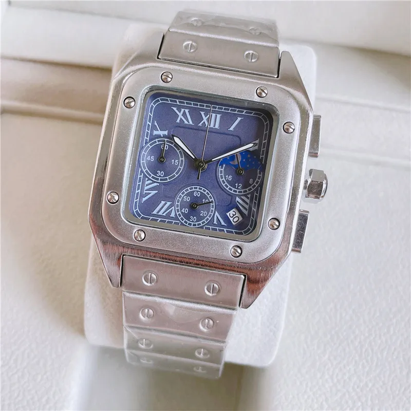 Fashion Brand Watches Men Square Multifunction Style High Quality Stainless Steel Band Wrist Watch Small Dials Can Work CA55276O