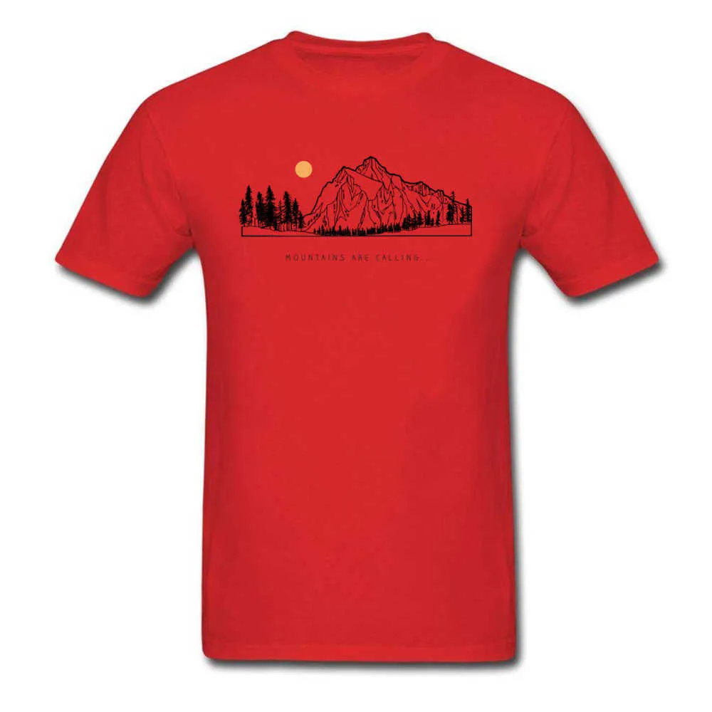 Tops Shirts Mountains are Calling Autumn Hot Sale Unique Short Sleeve Pure Cotton Round Neck Mens T-shirts Unique Tee Shirt Mountains are Calling red