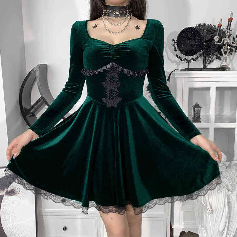 Velvet Lace Mini Dress 2022 Kobiety Z Długim Rękawem Krótka Spódnica Suknia Ciemny Styl Motyl Haft Koronki Wysoka Talia Sxhlyq489 Y220214