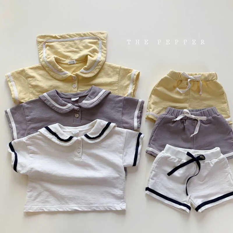 Koreaanse stijl zomer kinderen jongens meisje 2-pcs Sets Navy Collar T-shirts + Shorts Sport Kinderkleding E0307 210610