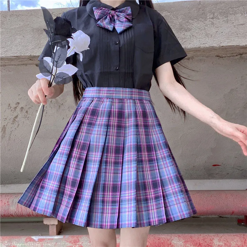 Kadın Mor Siyah Gotik Pileli Ekose Etek Yaz Yüksek Bel Kore Harajuku Japon Sevimli Seksi Mini A-Line Etekler JK Cosplay 210309