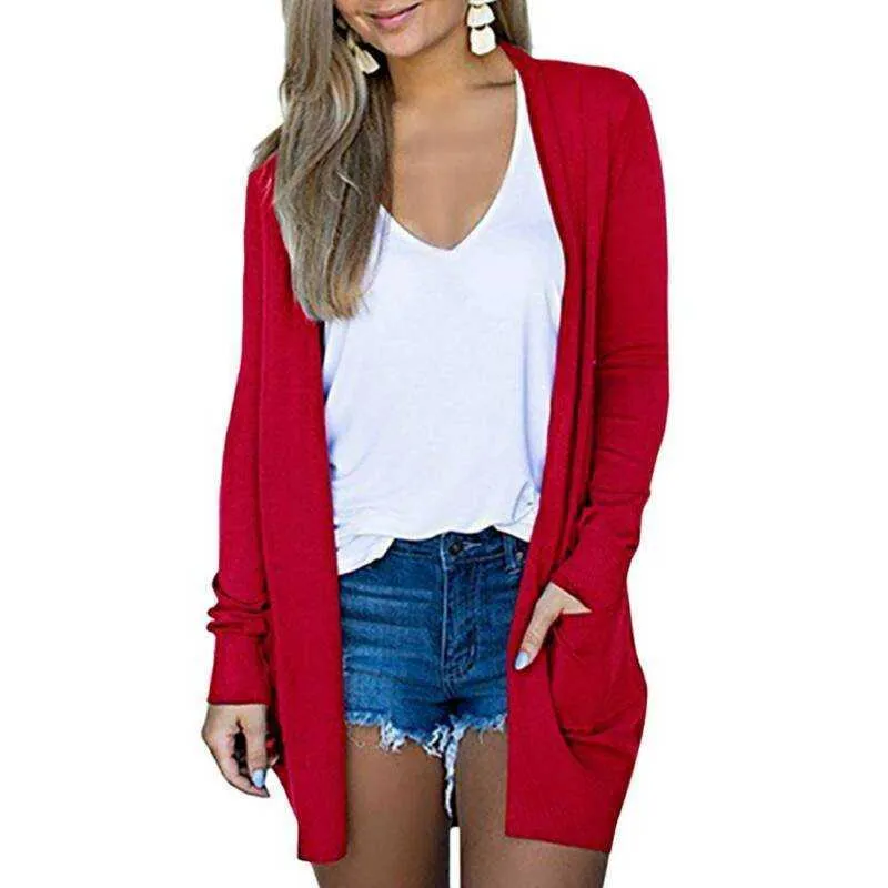 Kvinnor Solid Cardigans Långärmad Loose Mid Length Knittwear Casual Sweater Kvinna Tunn Strikkad Kvinnor 210914