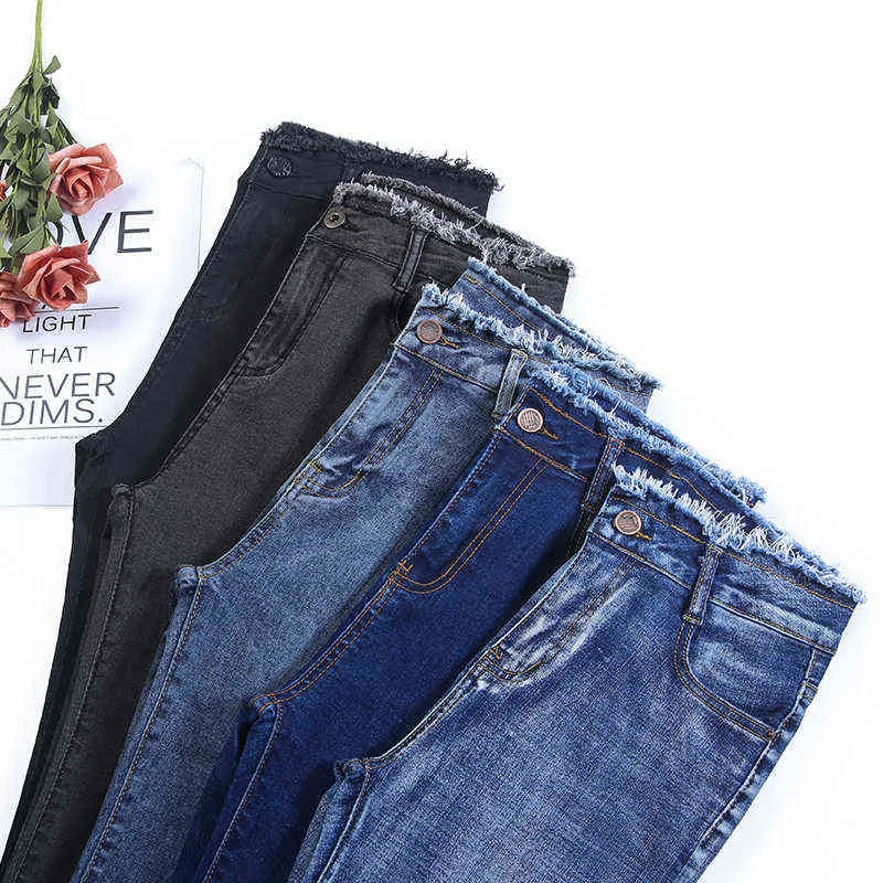 Elásticos Skinny Jeans Mujer Moda Alta Cintura Lápiz Pantalones Denim Borla Sólido Lavado Slim Black Stretch 211129