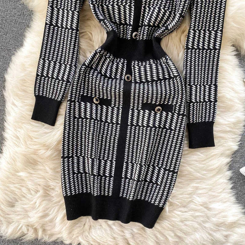 Women Design Knitted Dress Korean Warm Long Sleeve Slim Pencil Dresses Autumn Winter Bodycon Sweater Short Dress 210602