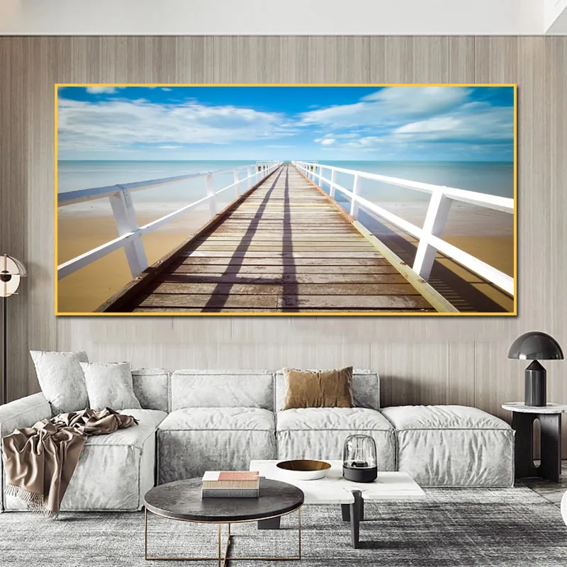 Vieux bois pont affiches toile peinture mur Art photos pour salon mer lac paysage imprime ciel coucher de soleil moderne décor à la maison