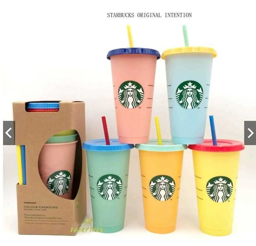 24 once / 710ml Cambiamenti di colore Tumblers Plastica Bere Bere Succo Tazza con labbro e paglia Magic Tazza da caffè Costom Starbucks Colore Cambiare tazze di plastica