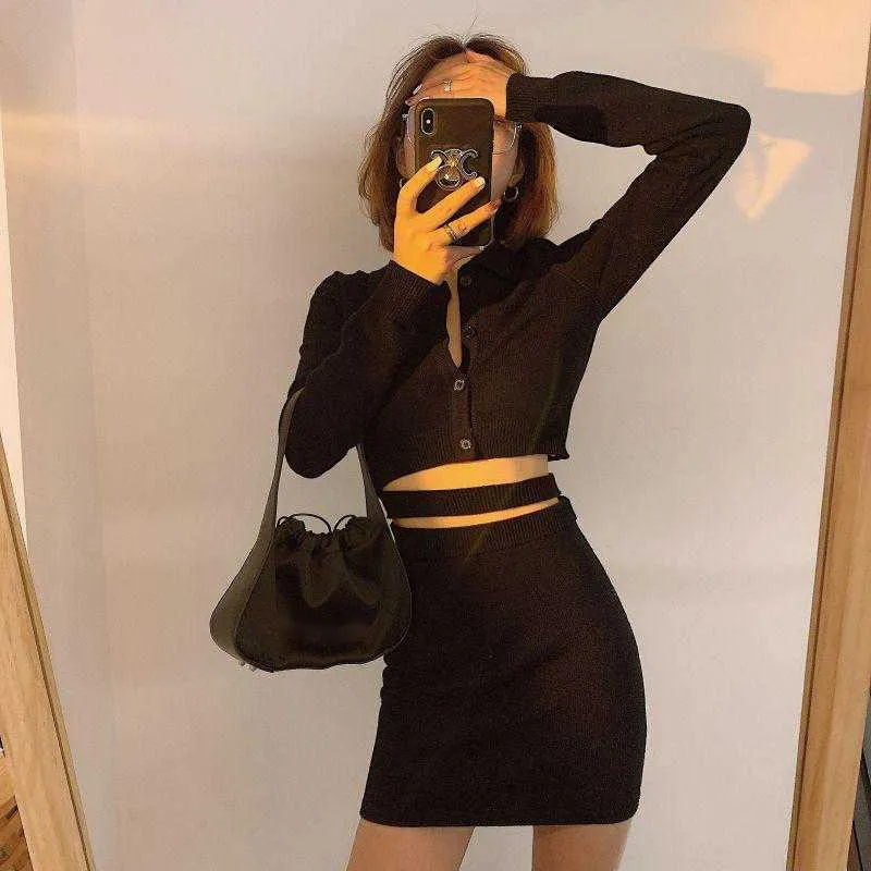 Kobiety Dzianiny Bandaż Mini Sukienka Z Długim Rękawem Wysoka Talia Hollow Out Polo Neck Pojedyncza Body Bodycon 210709