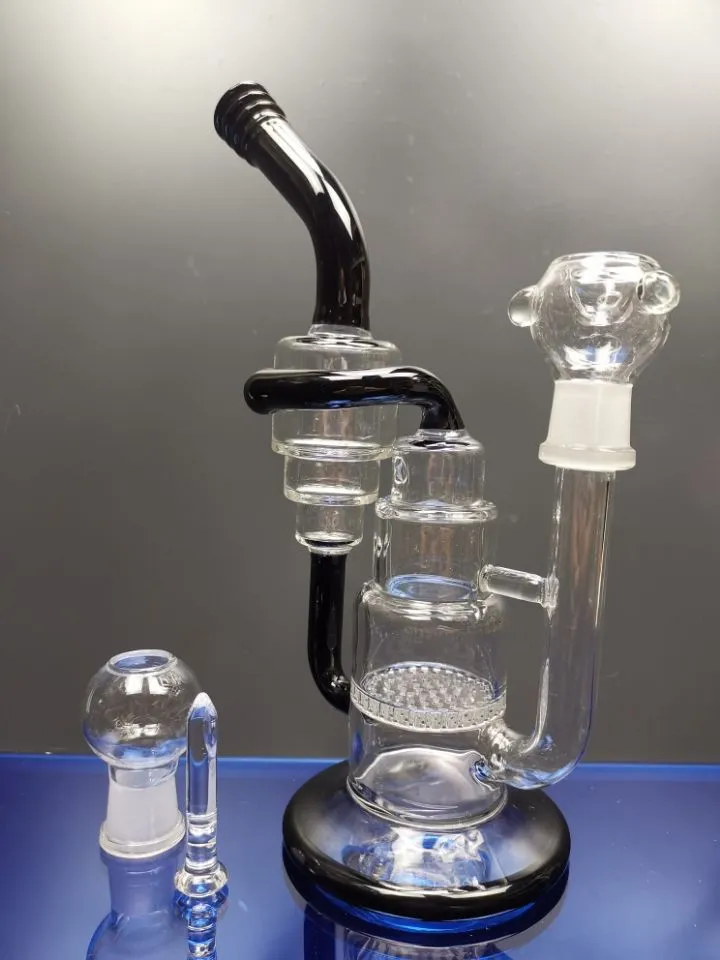 Black glass bongs classic double cake recycler smoking pipe dab rigs water pipes bong with 18.8mm joint
