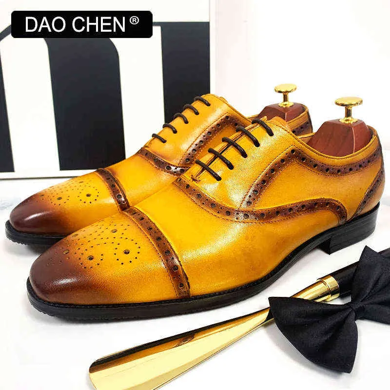 Sapatos de vestido Marca de luxo Homens Oxford Sapatos Preto Amarelo Amarelo Lace Up Brogue Cap de Tee Elegante S Vestido Escritório Casamento Couro Real 220223