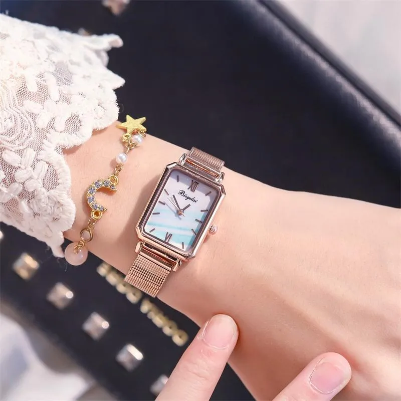 Zegarek luksusowe różowe złoto pasek siatkowy Kobiety zegarki modowe retro prostokąta panie kwarcowe Cechywatę Kobiet Kobieta ze stali nierdzewną 228e