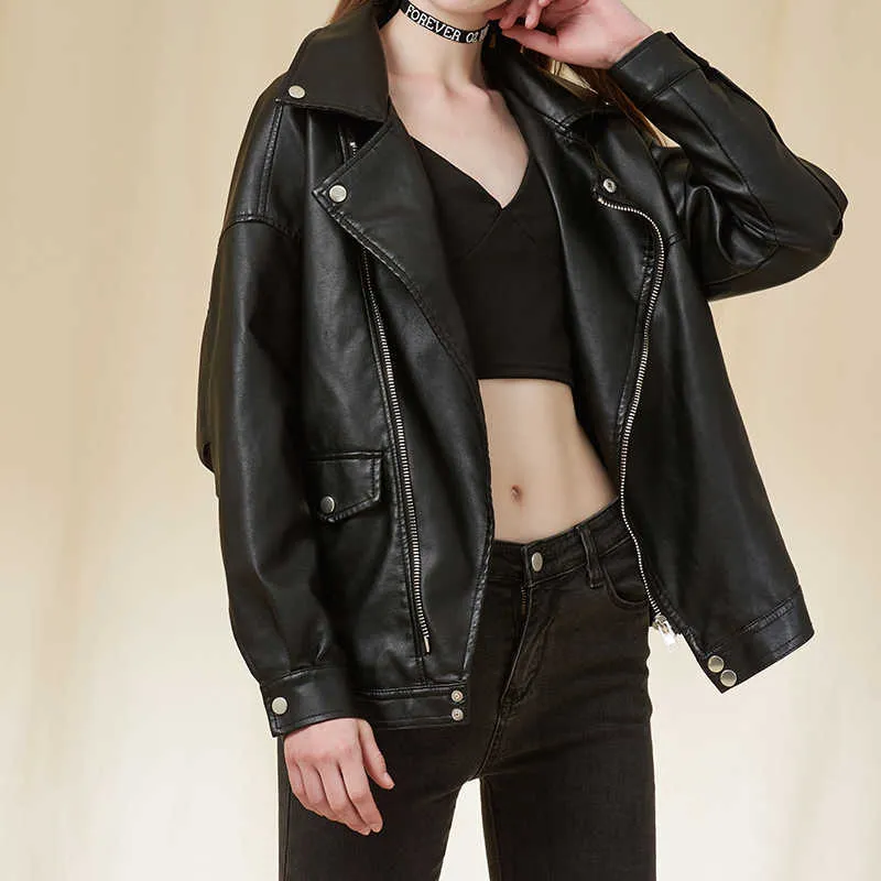 LY Varey Lin Jesień Kobiety Faux Soft Leather PU Kurtka Luźna Czarna Punk Kołnierz Kołnierz Moto Biker Nit Zipper Odzieży 210526