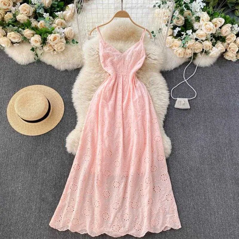 Sexy Hollow Out Spaghetti Strap Long Dress Summer Women Vintage High Waist Deep V-Neck Yellow/Pink/White Beach Robe 2021 New Y0603