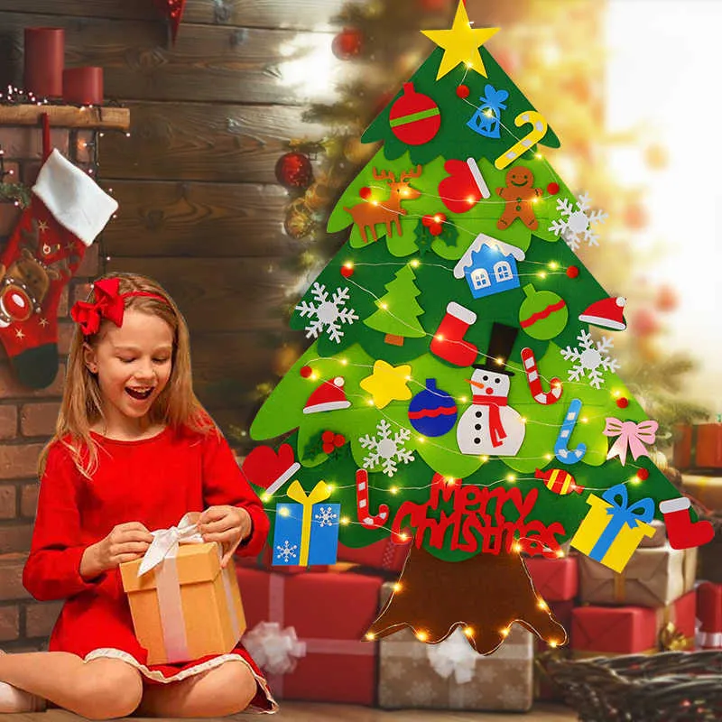 DIY войлочная рождественская елка со светодиодным светом годы дети подарочные игрушки двери стены висит украшения рождественские украшения для дома Navidad 211015