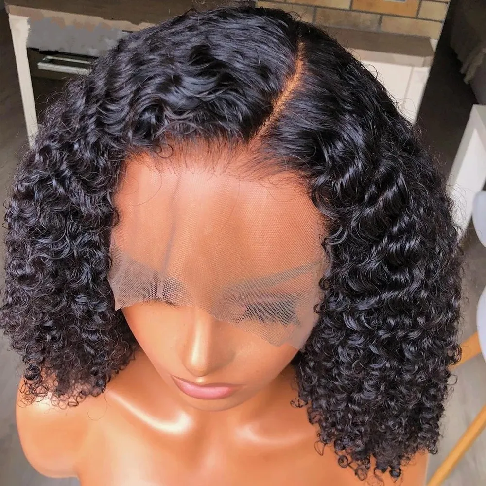 360 Lace Frontal Wig Natural Black Color Kinky Curly Short Bob Simulaiton Human Hair Wigs For Women Synthetic