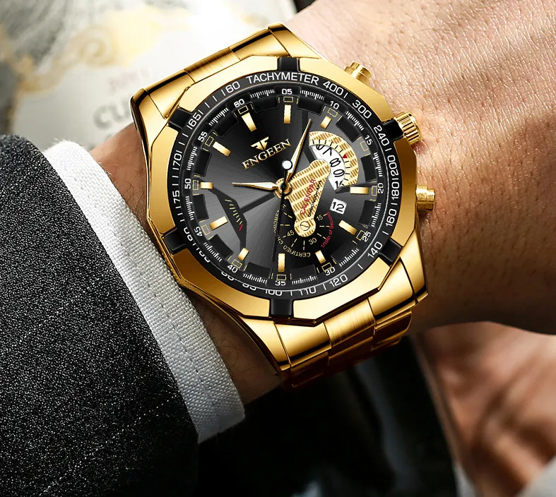 Marka fngeen biała stal kwarcowa zegarki męskie kryształowy zegarek data 44 mm Osobowość luksusowy złoty stylowy mężczyzna na rękę