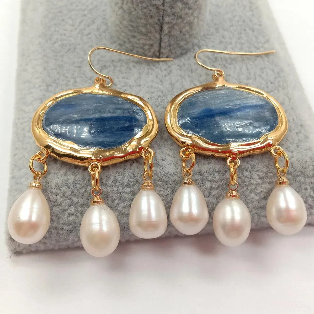 YYGEM stile vintage ovale naturale blu cianite riso bianco perla d'acqua dolce orecchini pendenti con gancio oro riempito regali ragazze e donne