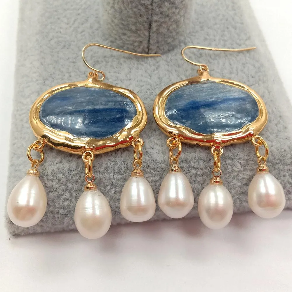 YYGEM vintage style Natural oval Blue Kyanite White Rice freshwater Pearl Dangle Hook Earrings gold filled For Women Girls Gifts