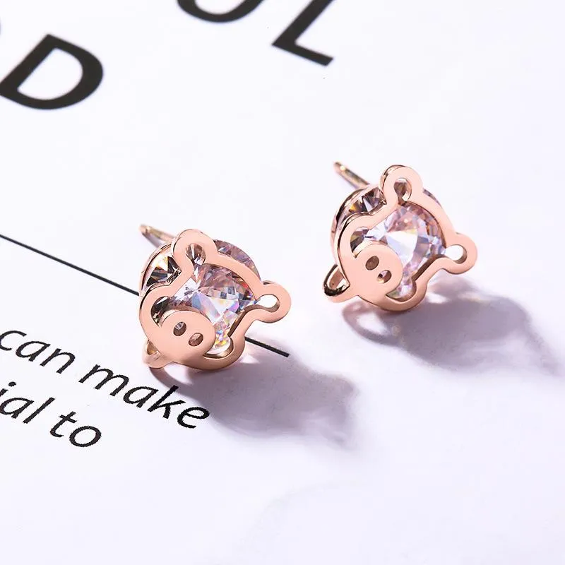 Stud Mode Schmuck Zubehör Cartoon Schwein Set Zirkon Titan Stahl Ohrringe Rose Gold Allergie Ohrringe Whole249N