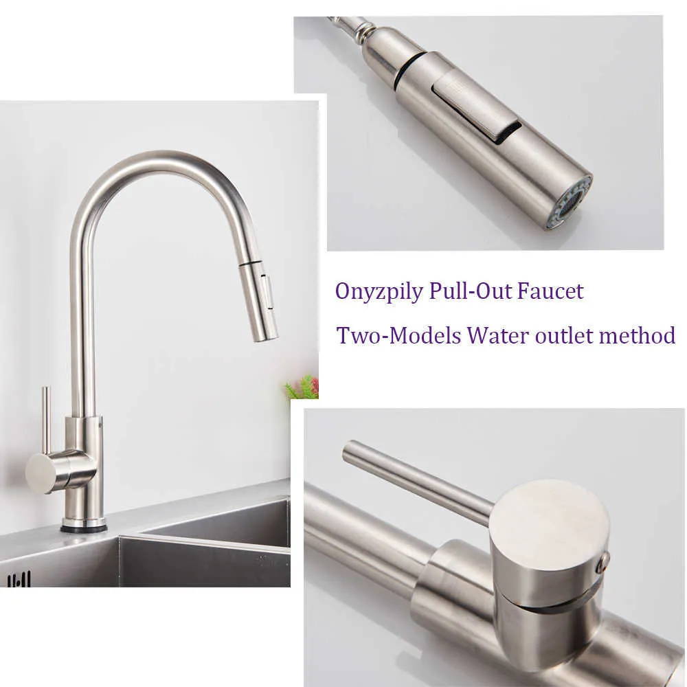 Onyzpily Brushed Nickel Mixer Faucet Single Hole Pull Out Spout Kitchen Sink Mixer Tap Stream Sprayer Head Chrome/Black Kitchen 210724