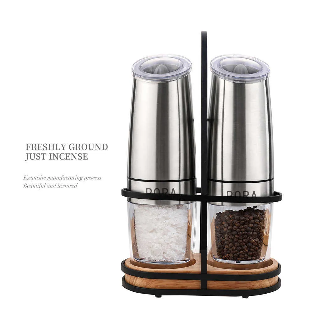 Black Electric Pepper Mill with Bracket Salt and Grinder Set Stainless Steel Gravity Automatic Spice Kitchen 210712