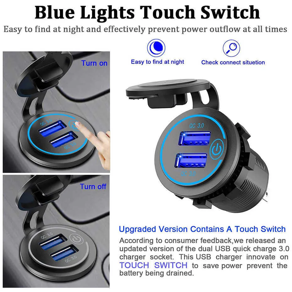Switch 36W Touch QC30 USB Cargador Socador impermeable Universal Motorcycle Truck Car Socket Bug para tableta de teléfono DVR GPS9432563