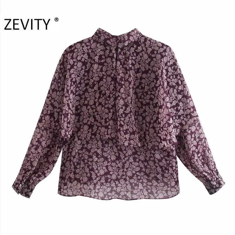 Zevity Womenファッションフラワープリントシフォンスモークブラウスオフィスレディース長袖ボウRuffles Roupas FemininasシャツTOPS LS7258 210603