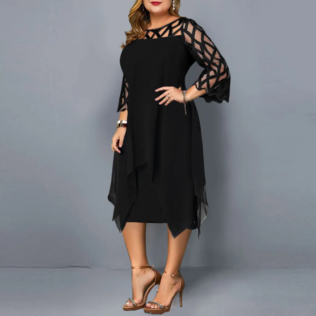 Mulheres Plus Size Party Preto Aniversário Clubwear Vestidos Malha Verão Chiffon Maxi Vestido 6xL 210309