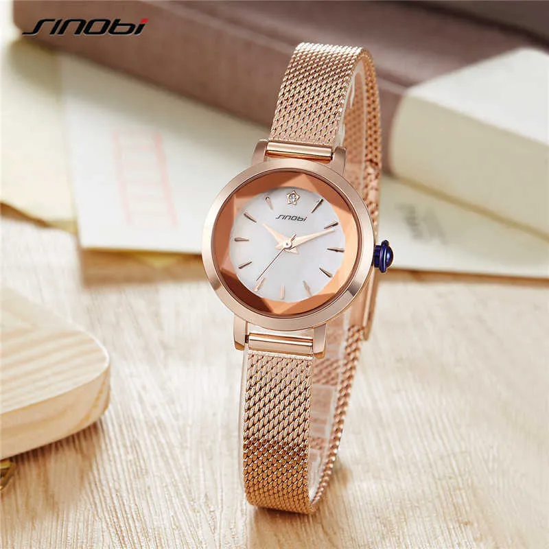 Sinobi nouveau luxe diamant fleur coupe verre montre femmes étanche en acier inoxydable maille Quartz dames montres cadeaux Reloj Mujer Q0524