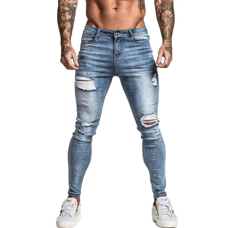 Jean Homme Hip Hop Skinny Stretch Jean Réparé Bleu Clair Distressed Super Skinny Slim Fit Coton Confortable